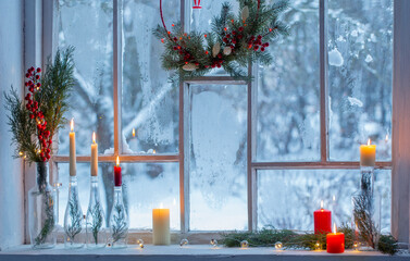 christmas decor on background old wooden  window