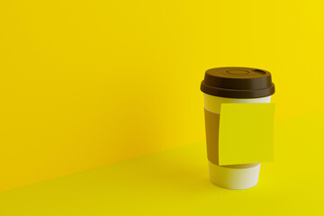 Paper cup of coffee on yellow background, yellow paper on cup