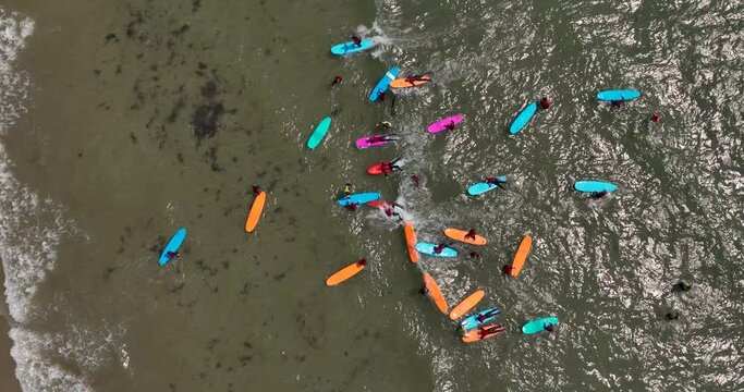 Top view of the beach with surfers practising their wave 4k