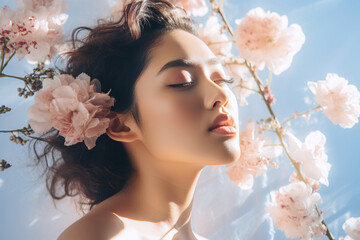 Asian beauty girl in sunlight among pink blossom. Beauty editorial of Asian woman enjoying spring sun and blossom.