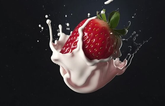 A strawberry falling into a milk splas. Generative ai