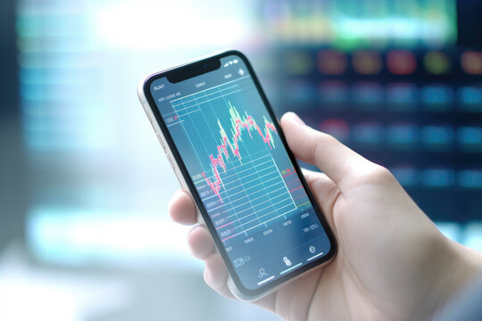 Close Up Hand Of A Businessman Holding A Smartphone And Stock Market Graph On Screen. Stock Market Investment And Trading Concept.