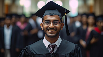 Happy indian male graduate against the background of university graduates. Generative Ai