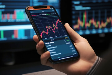 Close up hand of a businessman holding a smartphone and stock market graph on screen. Stock market investment and trading concept.