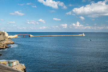 Port entrance with old red bridge