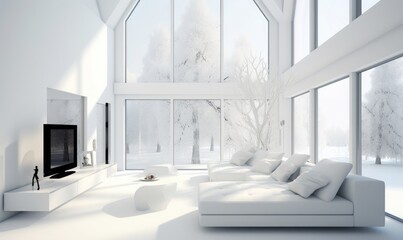 White room. White living room in white snow winter. A high ceiling bright white living room with white furniture. Generative AI