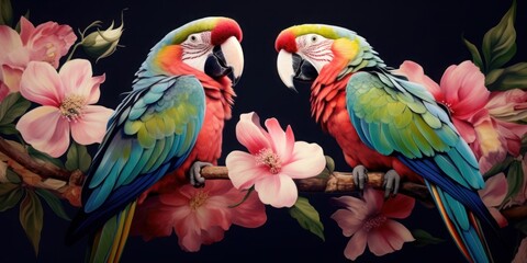 Obraz premium Two parrots on a branch with flowers blooming around them. for something tropical. Generative AI