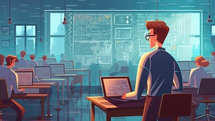 Teacher in the programming classroom taking students examination