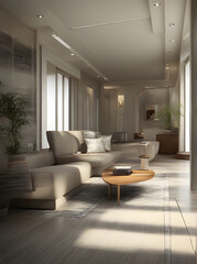Realistic villa interior midcentury style design.