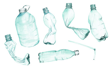 Watercolor plastic bottles. Enviroment pollution poster, Save the ocean, Earth day illustration. Sustainability design. Nature and plastic, waste, garbage