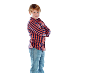 Ginger, fashion portrait and child with arms crossed isolated on transparent png background. Style, confidence or happy school kid or young boy in casual clothes, jeans or trendy student from Ireland