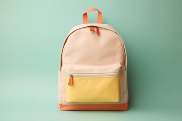 back to school concept: pastel color school backpack on a pastel background, minimalist