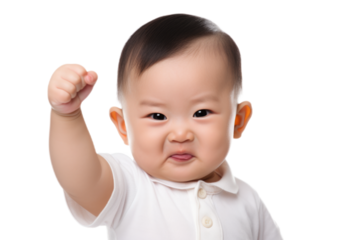 Baby hold up his fist determined to work hard! funny shot in png transparent background