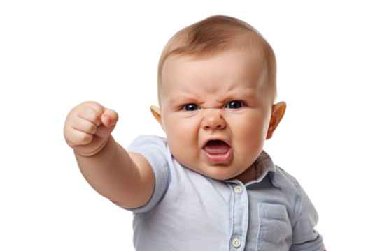 Baby hold up his fist determined to work hard! funny shot in png transparent background