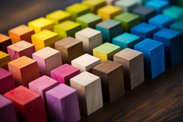 Obraz premium Spectrum of colorful wooden blocks aligned on a rustic old wood table. Japanese Color set. Background or cover for something creative, diverse, and in multiple variations. Generative AI
