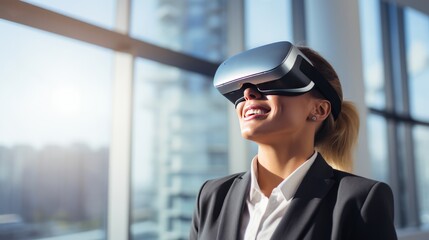 Business woman in formal suit using vr device goggle virtual reality ai experience planing and stretegy process work plan in office with vision and confident,ai generate