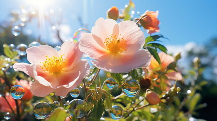 beautiful wild rose bush on beach ,bee fly ,dew drops ,sunlight beam flares