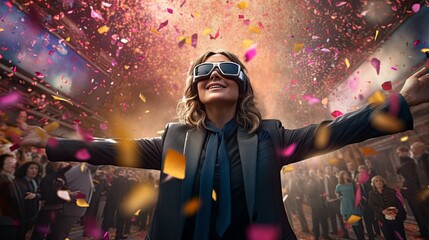 celebrate greeting caucasian woman vr goggle headset experience in lives performance music concert with crowd of people cheering together with glitter confetti papershoot background,ai generate