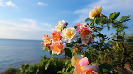 beautiful wild rose bush on beach ,bee fly ,dew drops ,sunlight beam flares