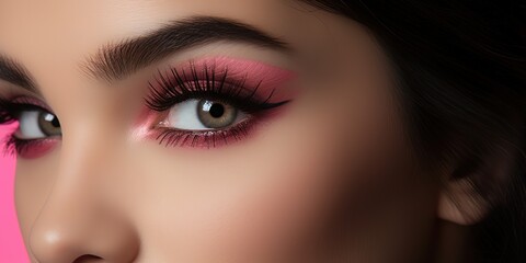 Beauty woman, pink eyeshadow makeup, arrows and long eyelashes. - obrazy, fototapety, plakaty