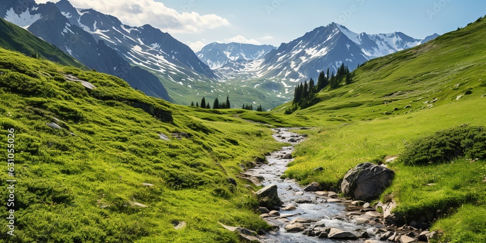 Poster Hiking through the mountain valleys, the beauty of wild nature.