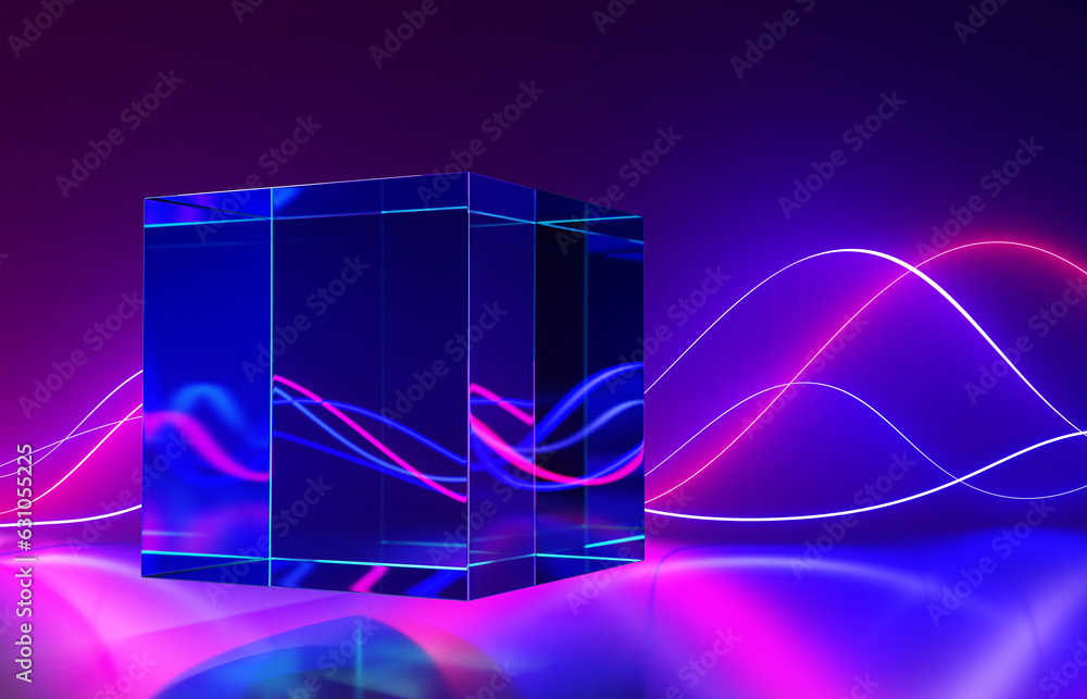 Aufkleber crystal cube with neon wave light lines on abstract background, refraction effect of laser rays in g