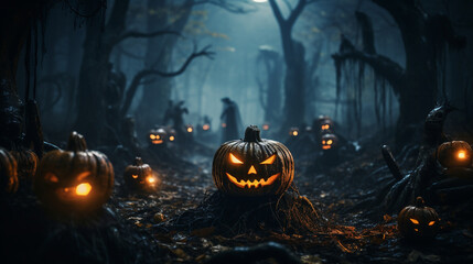 Spooky Jack-o'-Lanterns in a Misty Forest 