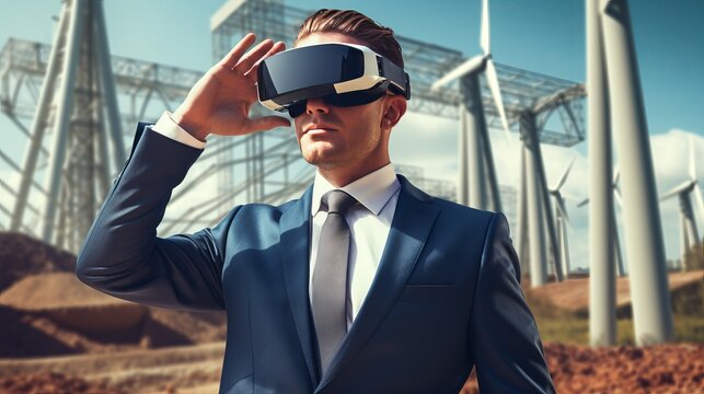 virtual engineer technology business vision manager formal suit wearing vr virual goggle walking site factory checking visual site analysis data research outdoor,ai generate - Powered by Adobe