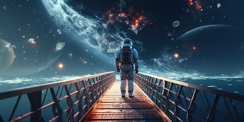 An astronaut astronaut stands on a bridge of reflective stars and looks into space, billions of stars and galaxies.
