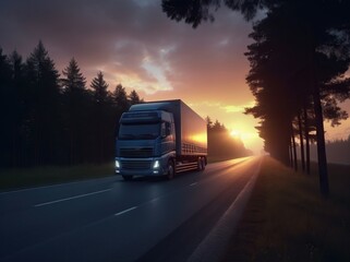 Truck on the road at sunset