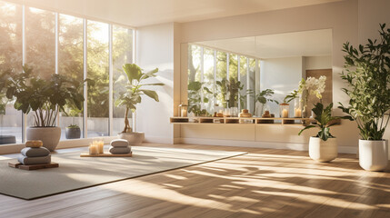 A bright and airy yoga studio, capturing the essence of physical and mental well-being 