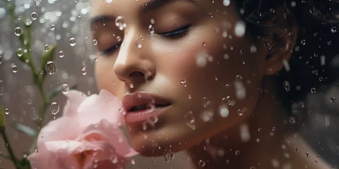 Foto op Canvas Beauty portrait of a woman with flowers and petals behind glass in raindrops. © Zaleman