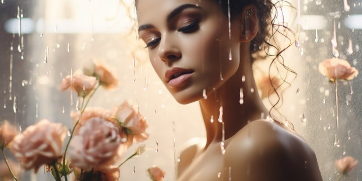 Beautiful woman with flowers and petals behind glass in raindrops.