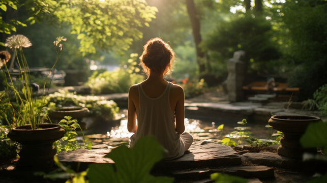 A person enjoying a moment of solitude in a peaceful garden, promoting mindfulness 