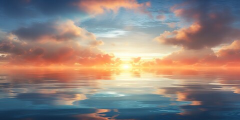 Naklejka na ściany i meble Sunrise on the sea panorama, bright beautiful sunset clouds.