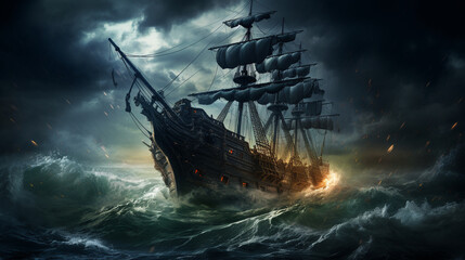 Cursed Pirate Ship Sailing on a Stormy Sea  - obrazy, fototapety, plakaty