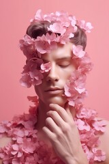 Portrait of beautiful young man with pink flowers on her head.