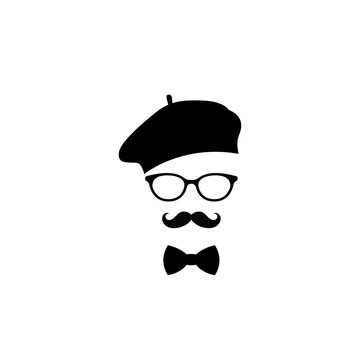 Frenchman in beret glasses with a mustache and bow tie.