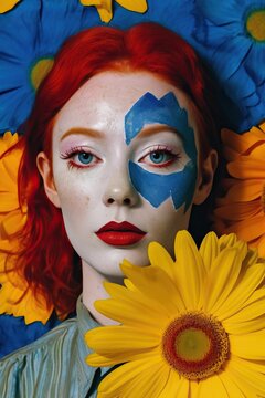 young pretty redhead woman with vitiligo eye mask and flower on blue background