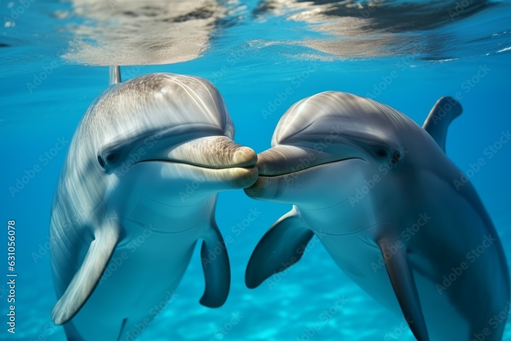 Wall mural pair loving dolphins pool. generate ai