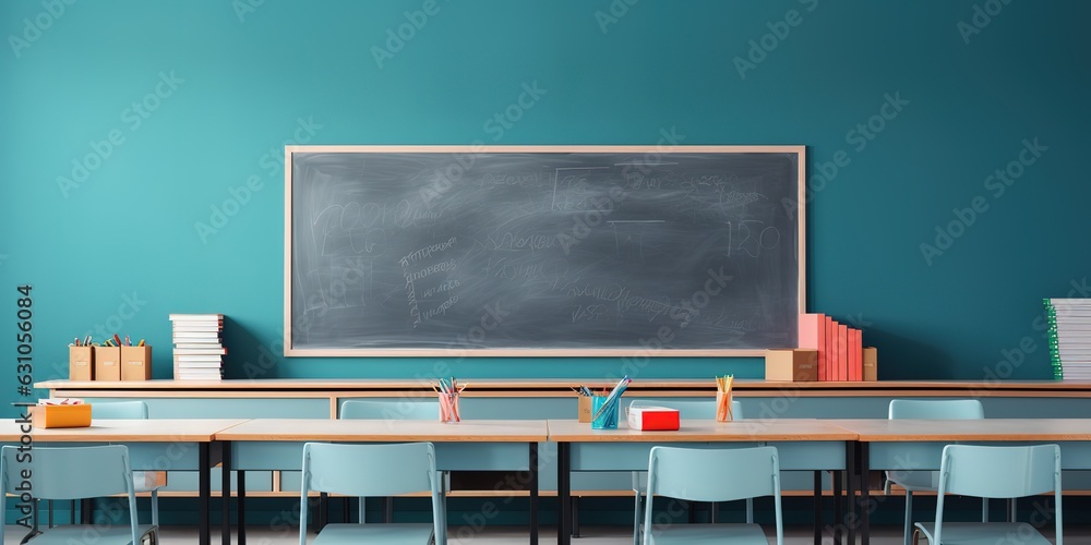 Aufkleber empty interior of a school class with desks and chairs, space for text on the blackboard.