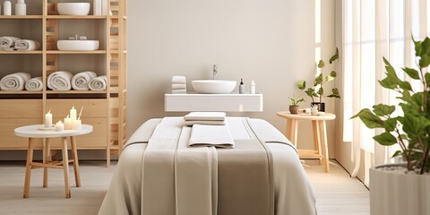A new spa massage room with a set of natural organic skin care products ready to use and an empty...