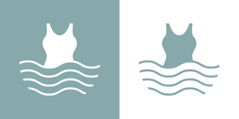 Logo vacaciones de verano. Silueta de traje de baño de mujer con olas de mar © teracreonte