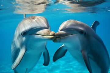Naklejka premium Pair loving dolphins pool. Generate Ai