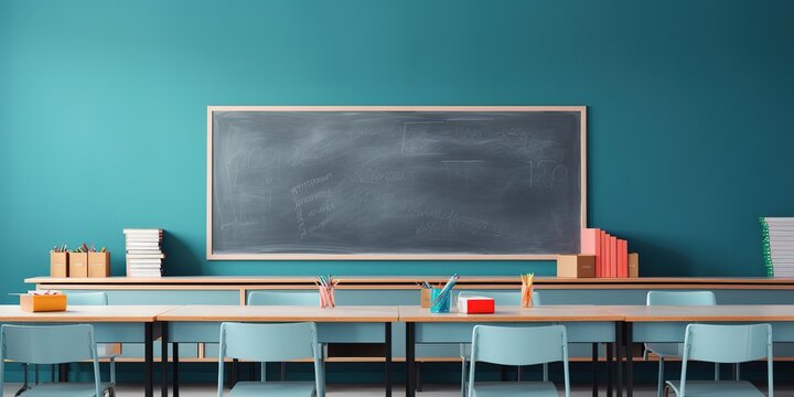 Empty interior of a school class with desks and chairs, space for text on the blackboard.