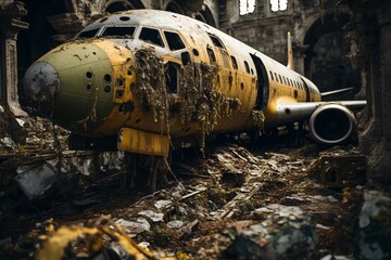 Abandoned Airplane in an Abandoned Building. War Concept.