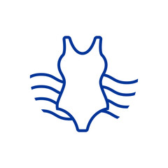 Logo vacaciones de verano. Silueta lineal de traje de baño de mujer con olas de mar