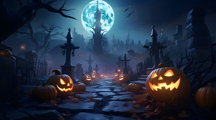 Pumpkins In Graveyard In The Spooky Night Halloween Background generative ai