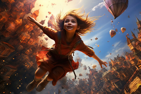 Childish fantasy, dream concept. Joyful little child girl flying in the city, fairy tale