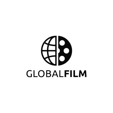 Film reel with globe grid sphere illustration, Global movie film logo icon sign symbol design concept
